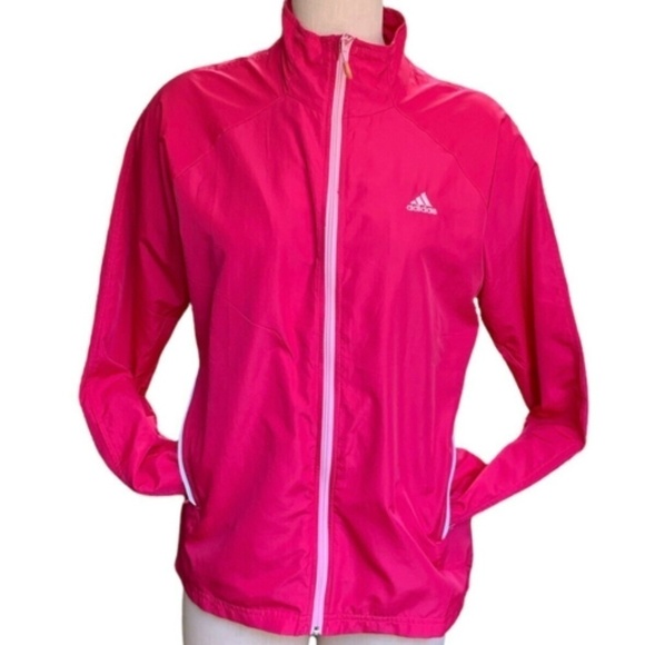 Adidas Womens Windbreaker Zip Jacket Pink & White Stripe Sz L Zip Pocket #256B - Picture 3 of 9